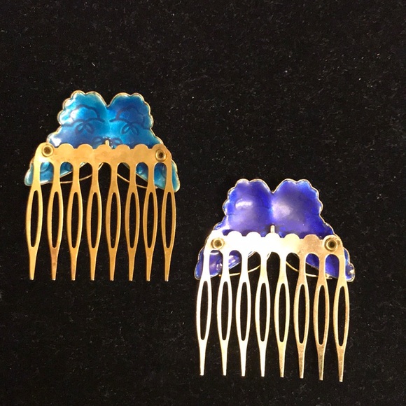80s Vintage Butterfly Enamel Cobalt Blue Combs - Picture 6 of 6